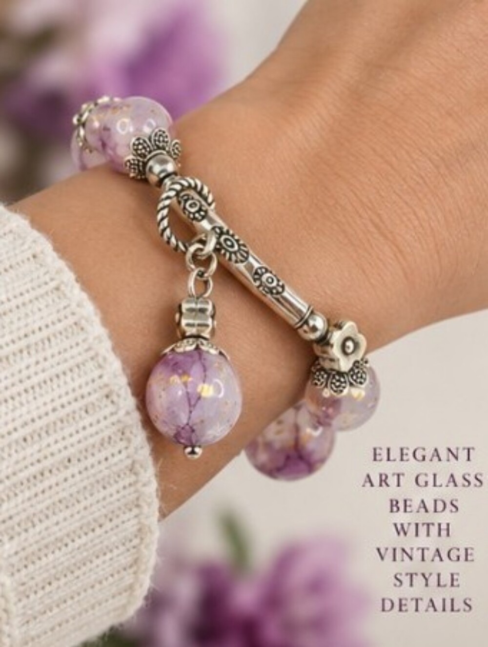 Vintage Purple Art Glass Beaded Stretch Bracelet Gold Flecks Dangle Charm - Picture 2 of 11